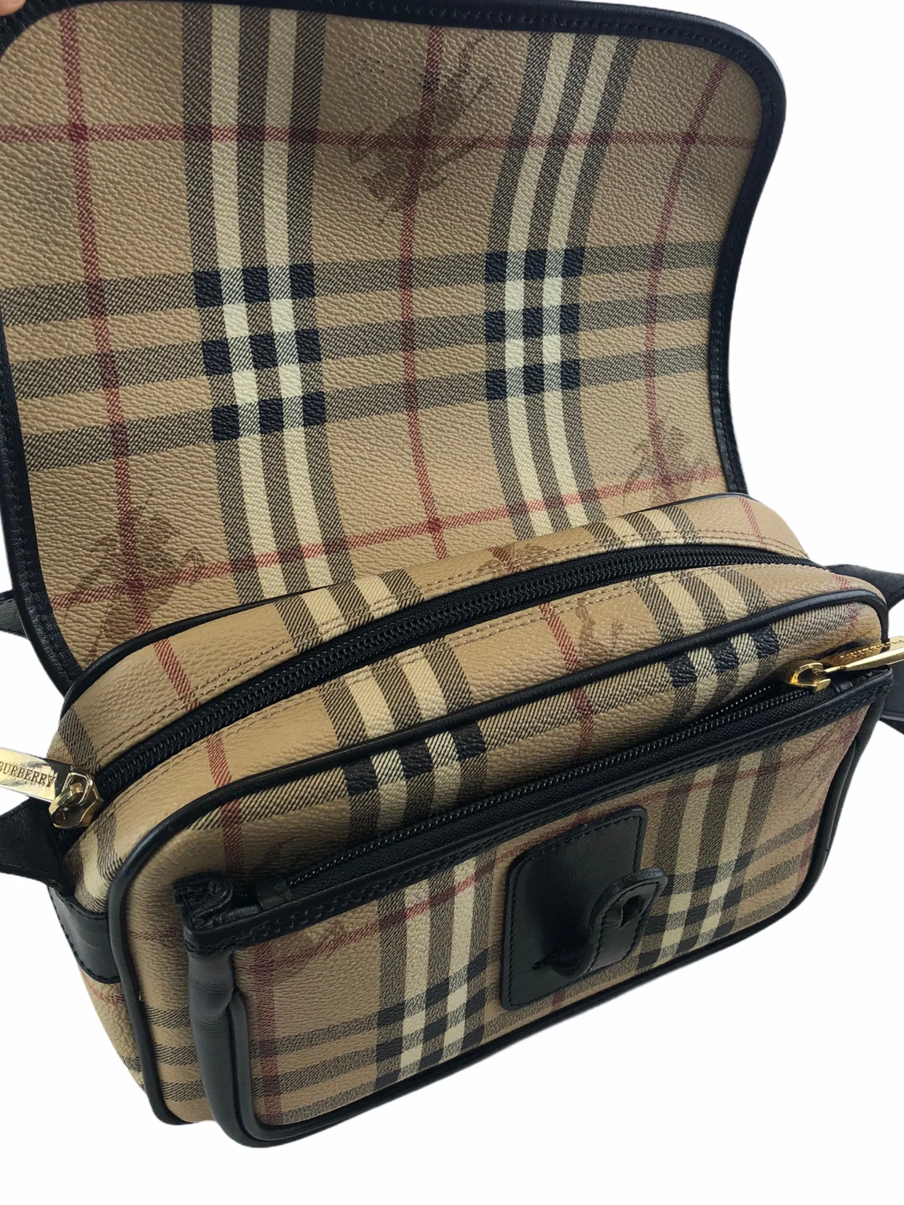 Burberry Classic Check Canvas & Black Leather Crossbody