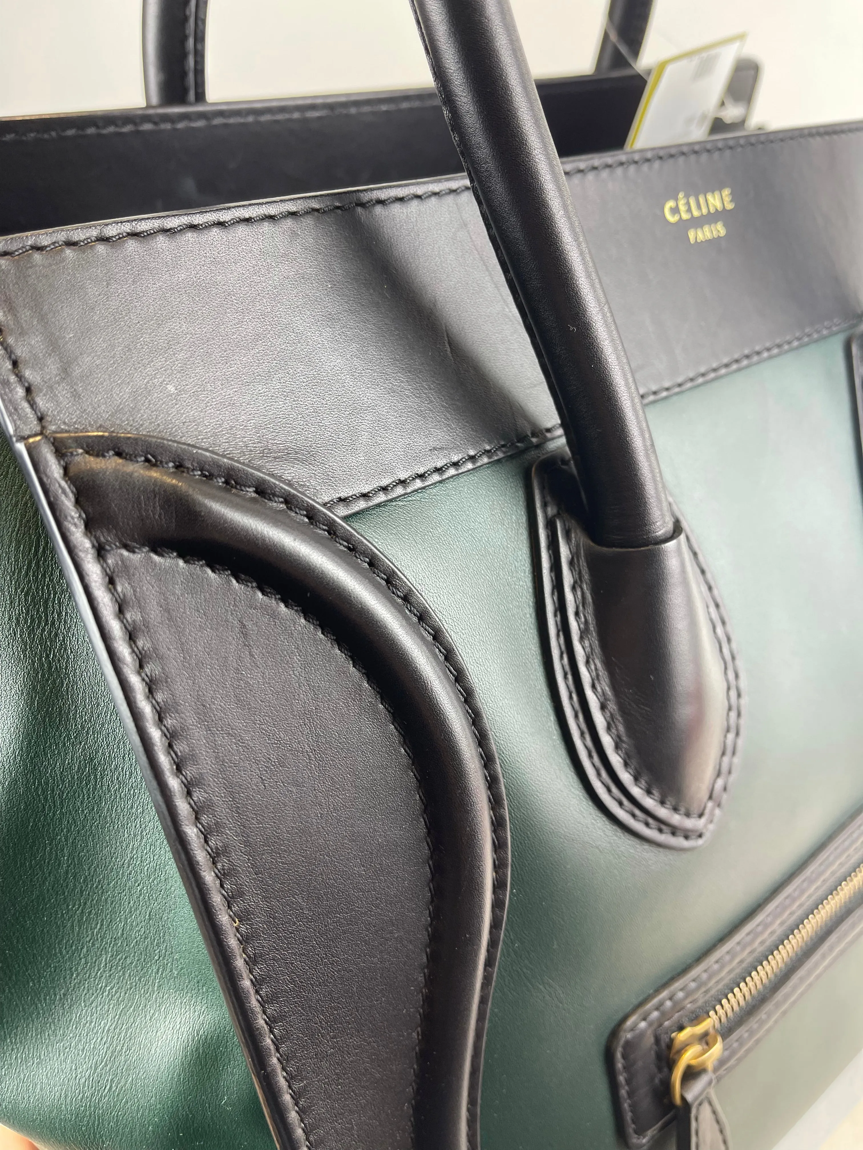 Celine Bicolor Black & Green Leather "Phantom" Luggage Tote