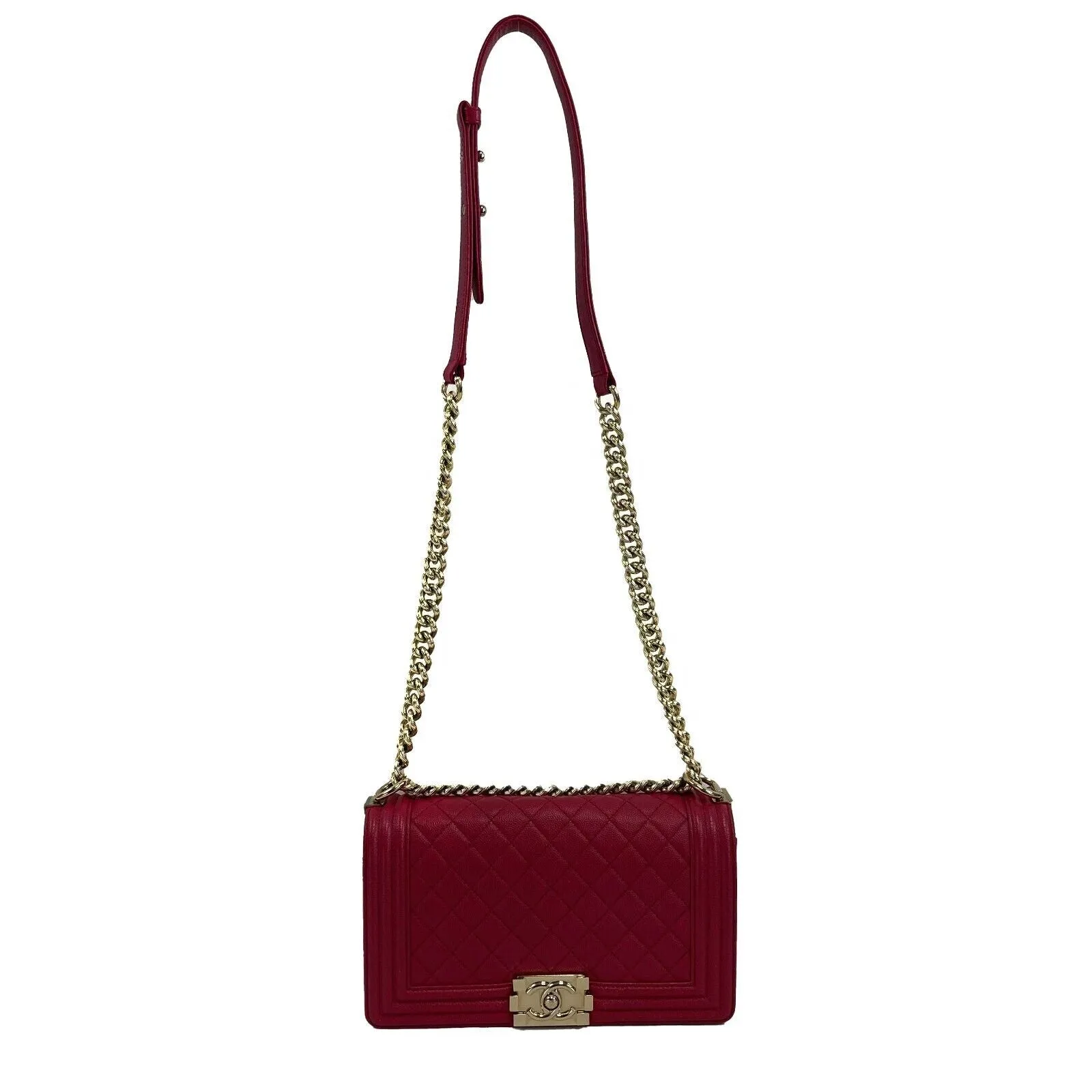 CHANEL- Le boy Old Medium Caviar Leather - Raspberry / Gold Crossbody