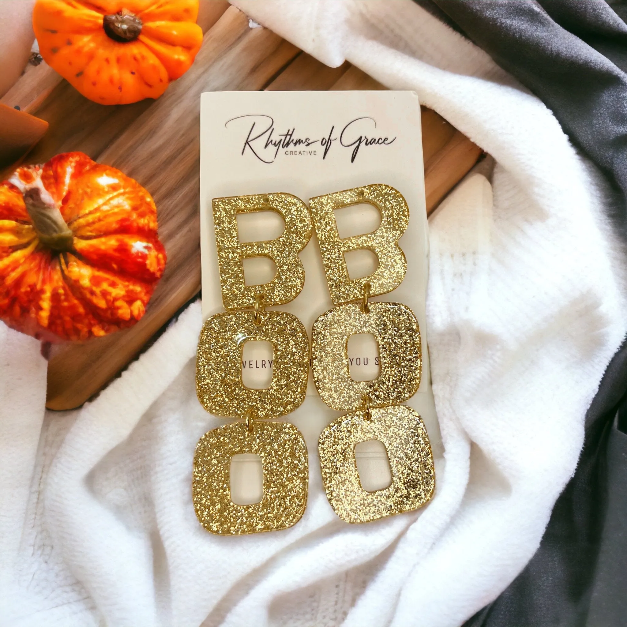 Gold BOO Earrings - Halloween Jewelry, Halloween Glitter, Halloween Accessories, Trick or Treat, Boo Accessories, Glitter Halloween