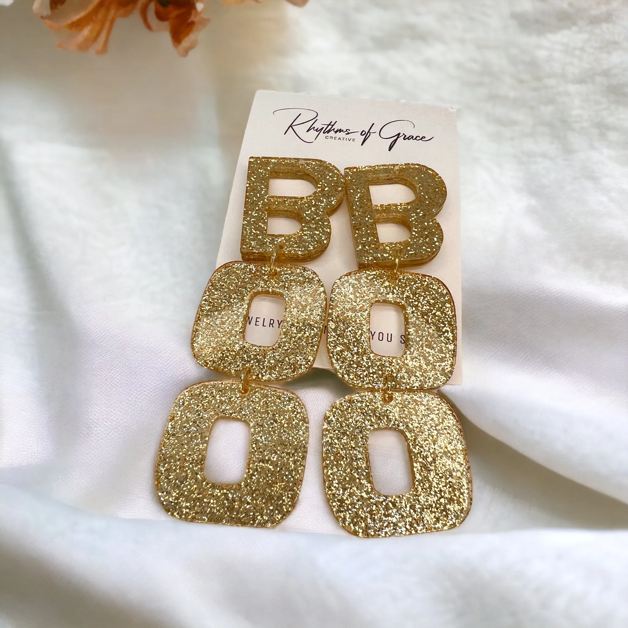 Gold BOO Earrings - Halloween Jewelry, Halloween Glitter, Halloween Accessories, Trick or Treat, Boo Accessories, Glitter Halloween