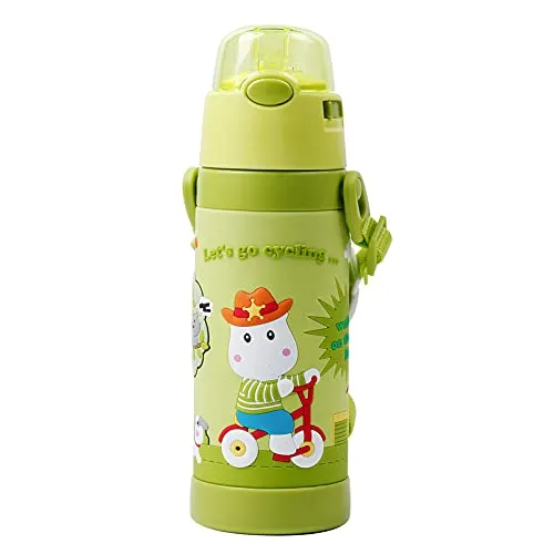 (PINKAH) 3D Cartoon Kids Bottle with Straw and Strap | Stainless Steel (500ML) - Olive Green