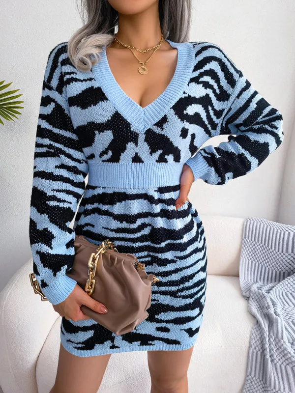 Women's fashion tiger pattern Lantern Sleeve waist closed wool sweater dress