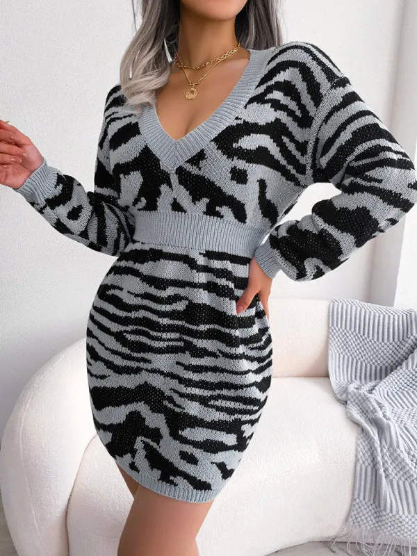 Women's fashion tiger pattern Lantern Sleeve waist closed wool sweater dress