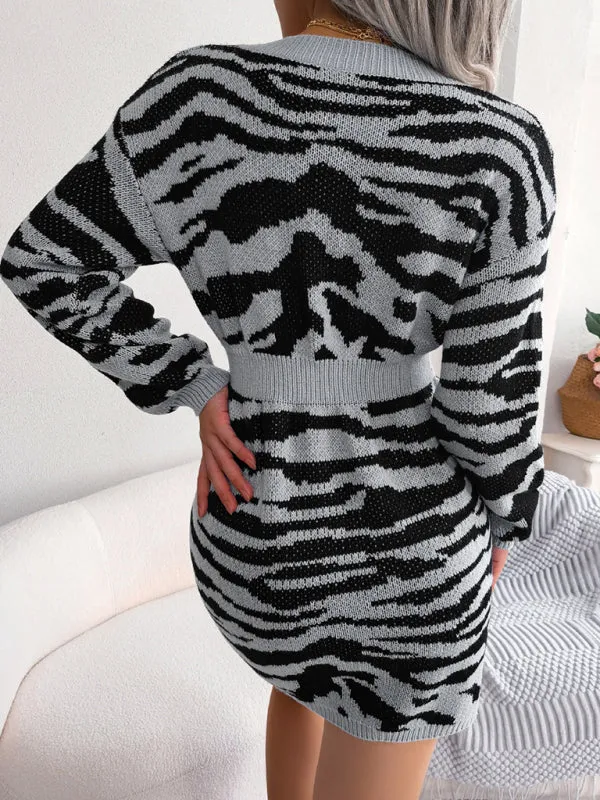 Women's fashion tiger pattern Lantern Sleeve waist closed wool sweater dress