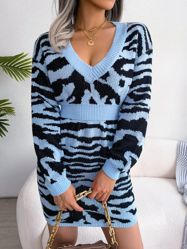 Women's fashion tiger pattern Lantern Sleeve waist closed wool sweater dress