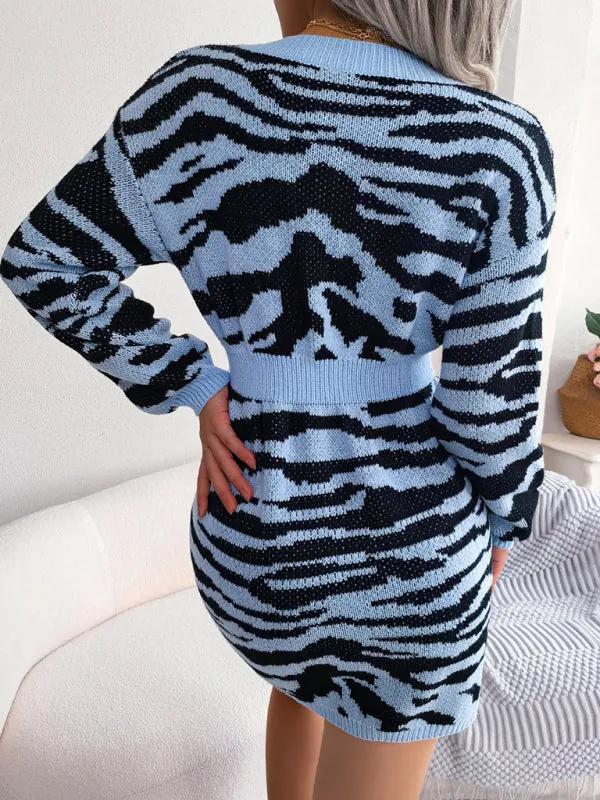 Women's fashion tiger pattern Lantern Sleeve waist closed wool sweater dress