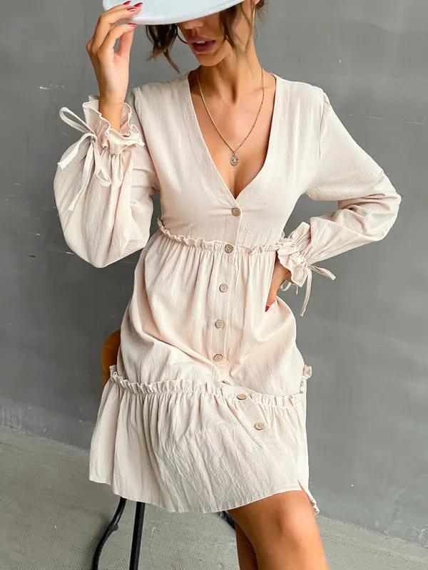 Women's splicing wooden ear dress V-neck long-sleeved dress