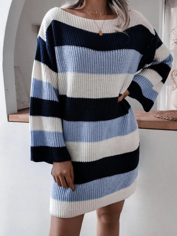 Women's Straight Neck Off Shoulder Loose Contrast Striped Knitted Wool Sweater Dress