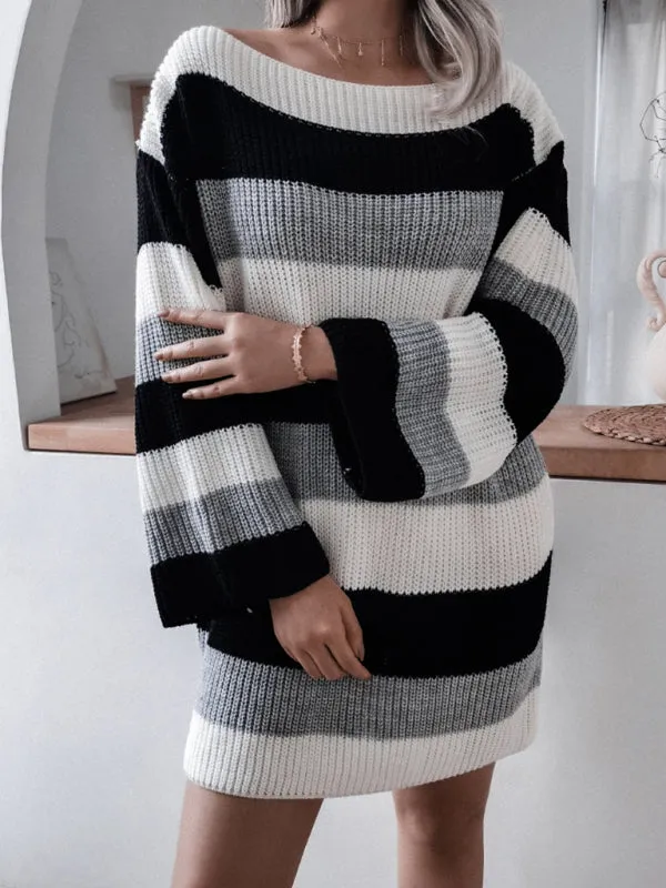 Women's Straight Neck Off Shoulder Loose Contrast Striped Knitted Wool Sweater Dress