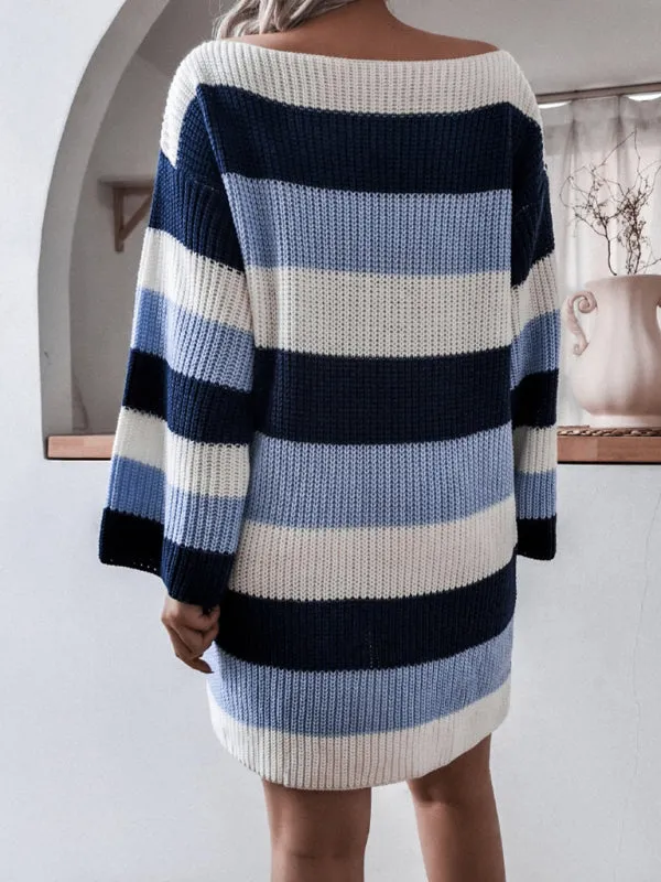 Women's Straight Neck Off Shoulder Loose Contrast Striped Knitted Wool Sweater Dress