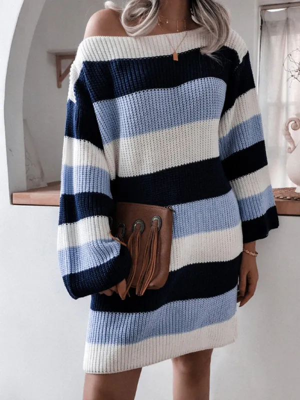 Women's Straight Neck Off Shoulder Loose Contrast Striped Knitted Wool Sweater Dress