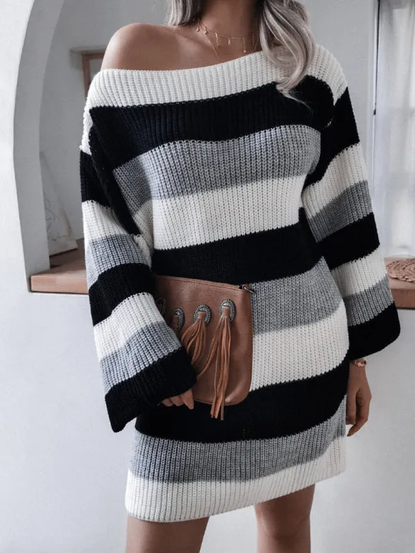 Women's Straight Neck Off Shoulder Loose Contrast Striped Knitted Wool Sweater Dress